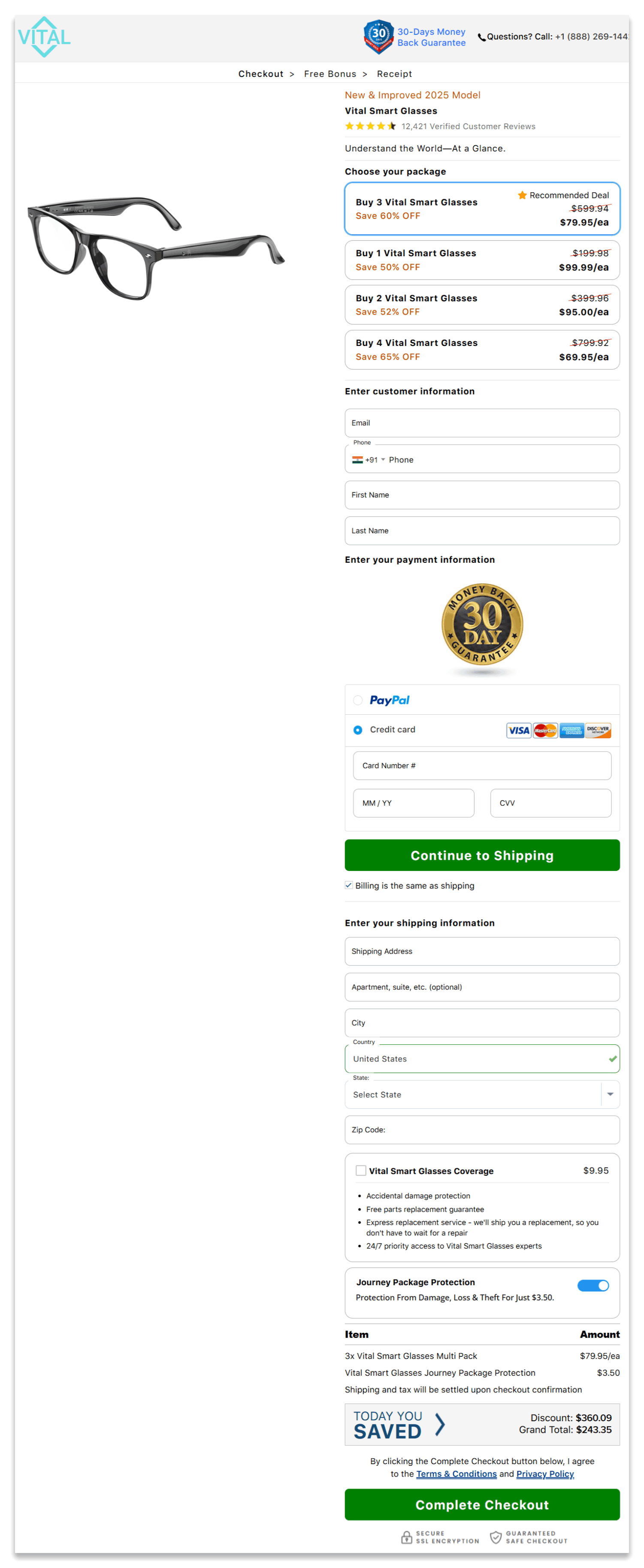 Vital Smart Glasses secure checkout page